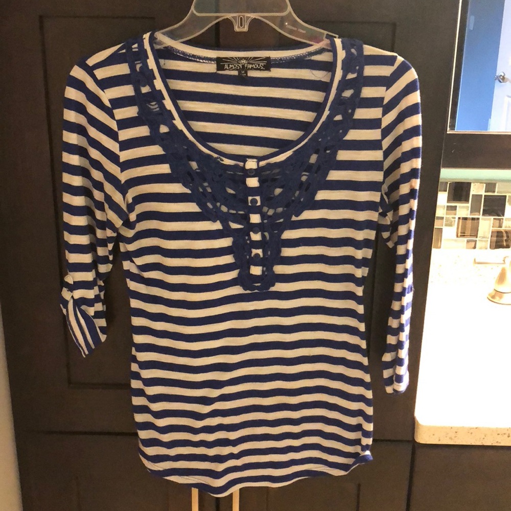 Almost Famous 3/4 sleeve, blue & white striped top